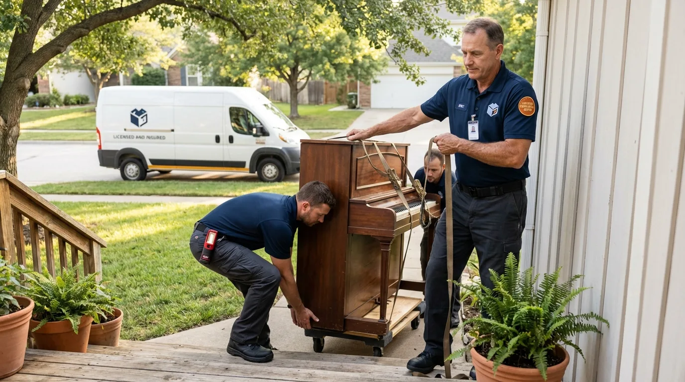 Licensed piano movers securing grand piano in Homewood, IL